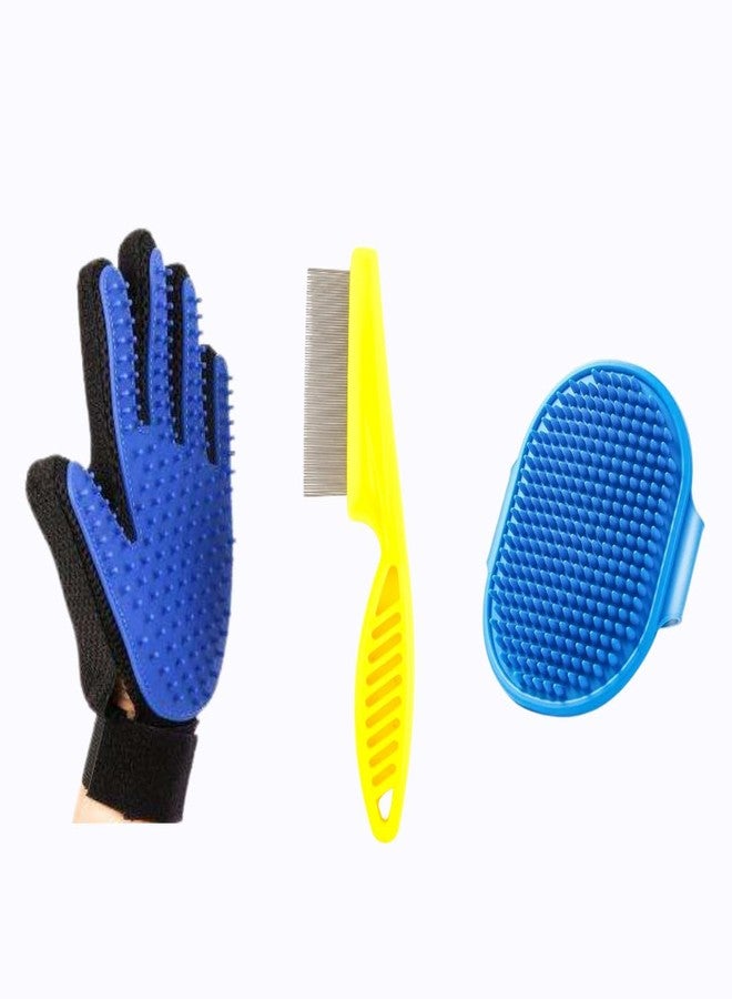 مجموعة العناية بالحيوانات الأليفة والتدليك - قفاز لإزالة الشعر الزائد وفرشاة استحمام مع مشط للبراغيث للحيوانات الأليفة - Image 1